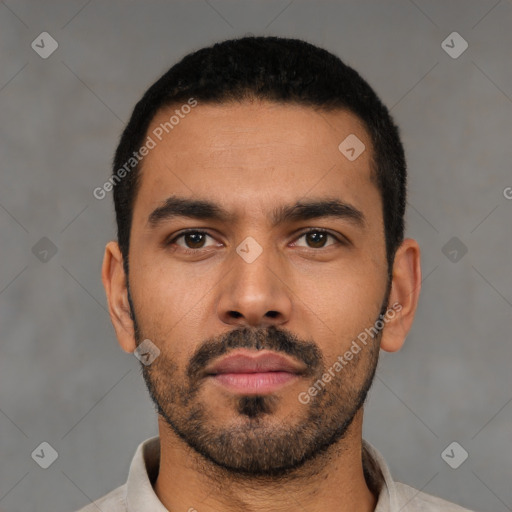 Neutral latino young-adult male with short  black hair and brown eyes