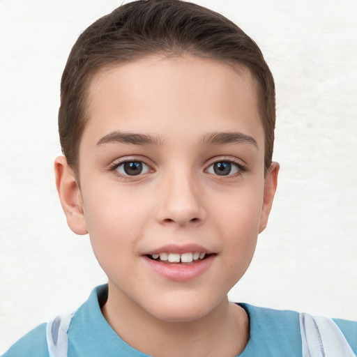 Joyful white child female with short  brown hair and brown eyes