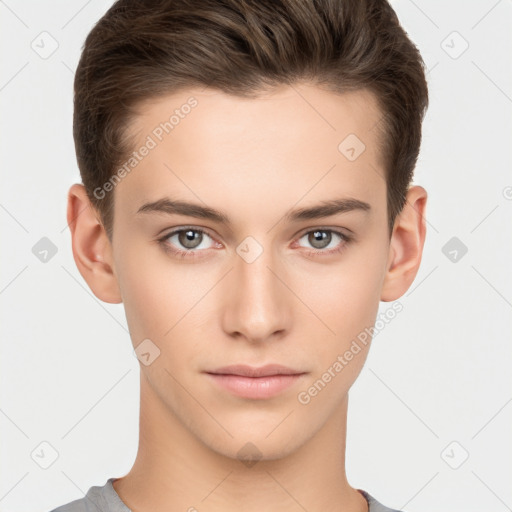 Neutral white young-adult male with short  brown hair and brown eyes