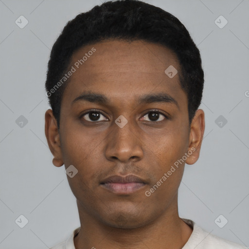 Neutral black young-adult male with short  black hair and brown eyes