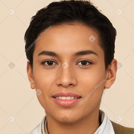 Joyful white young-adult female with short  brown hair and brown eyes