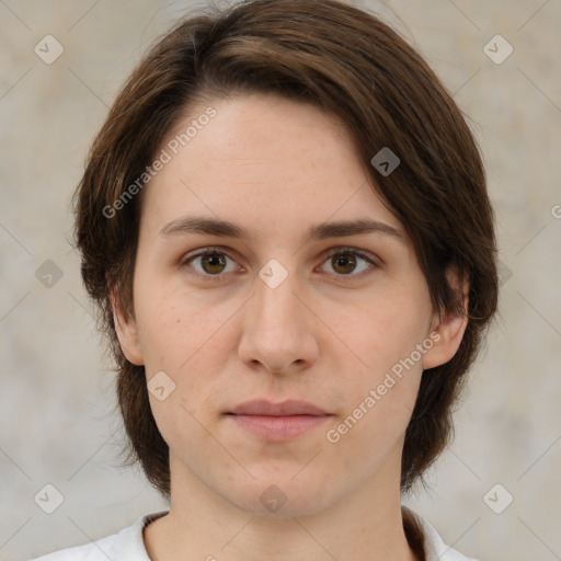 Neutral white young-adult female with medium  brown hair and brown eyes