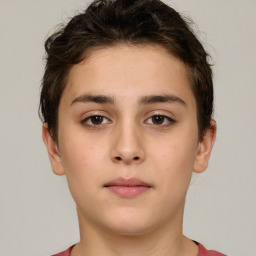 Neutral white young-adult female with short  brown hair and brown eyes