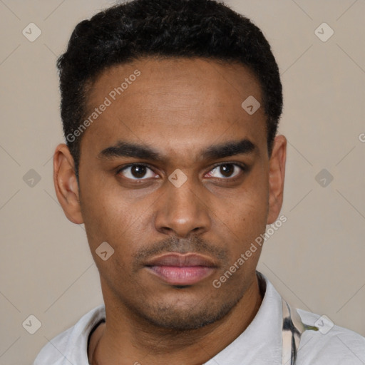 Neutral latino young-adult male with short  black hair and brown eyes