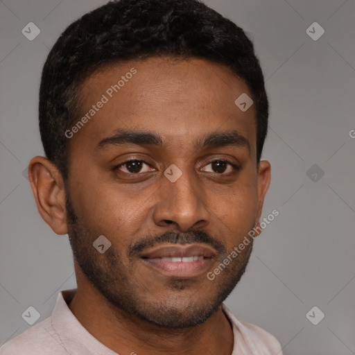 Neutral latino young-adult male with short  brown hair and brown eyes