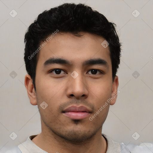 Neutral latino young-adult male with short  black hair and brown eyes