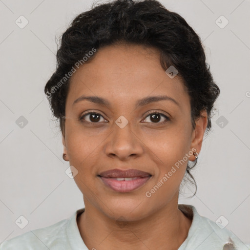 Joyful latino young-adult female with short  brown hair and brown eyes