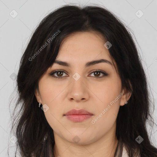 Neutral asian young-adult female with long  brown hair and brown eyes