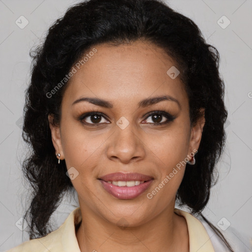 Joyful black young-adult female with medium  brown hair and brown eyes