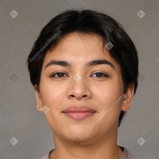 Joyful asian young-adult female with short  brown hair and brown eyes