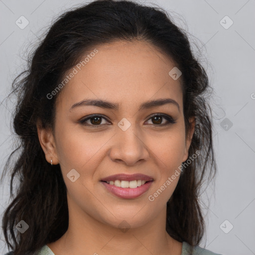 Joyful latino young-adult female with medium  brown hair and brown eyes