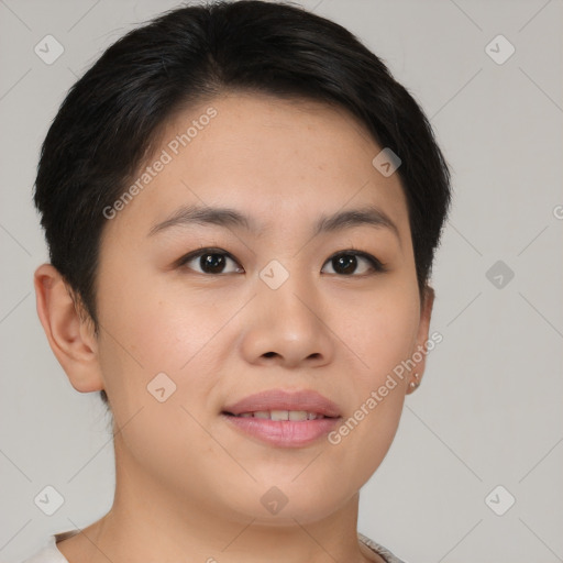 Joyful asian young-adult female with short  brown hair and brown eyes