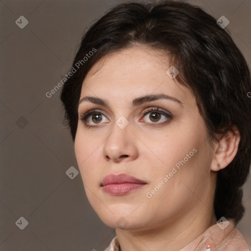 Neutral white young-adult female with medium  brown hair and brown eyes