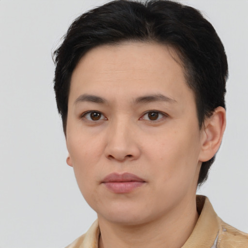 Neutral white young-adult female with short  black hair and brown eyes