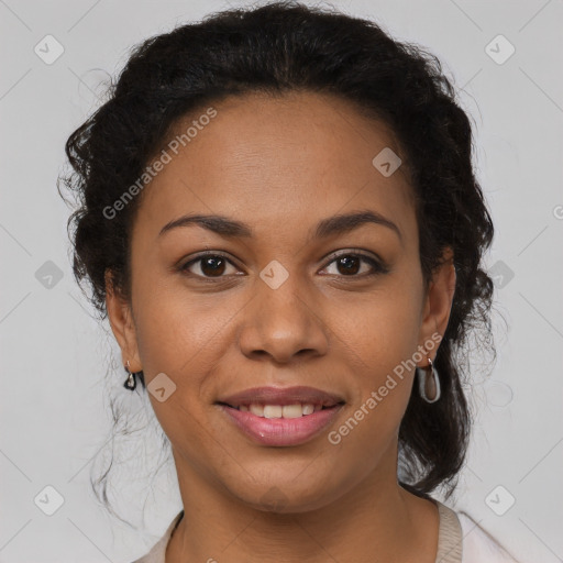 Joyful latino young-adult female with short  brown hair and brown eyes