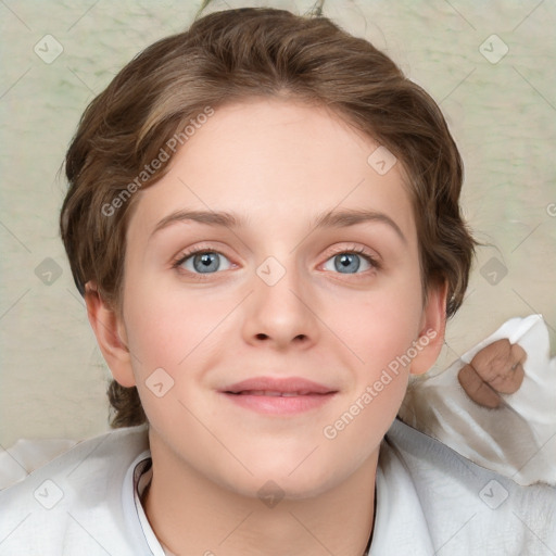 Joyful white young-adult female with medium  brown hair and blue eyes