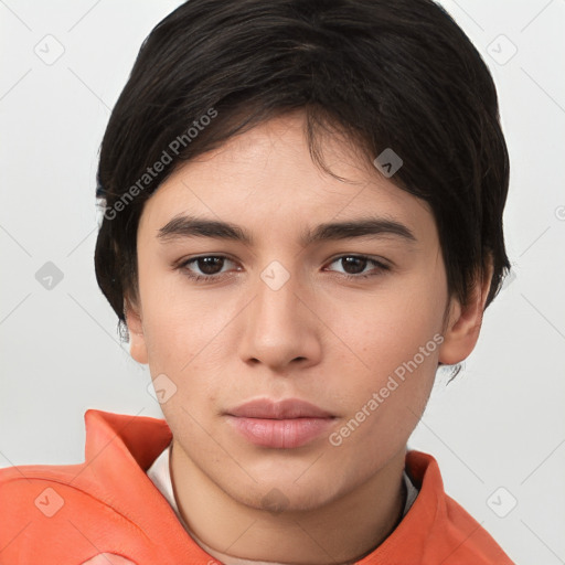 Neutral white young-adult female with short  brown hair and brown eyes