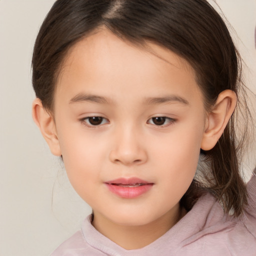 Joyful white child female with medium  brown hair and brown eyes