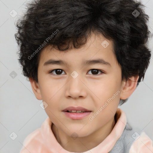 Joyful white child male with short  brown hair and brown eyes