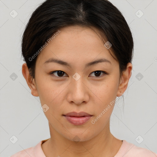 Neutral white young-adult female with short  brown hair and brown eyes