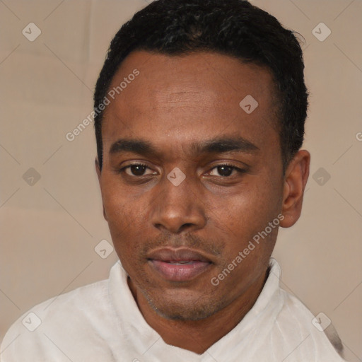 Neutral black young-adult male with short  black hair and brown eyes