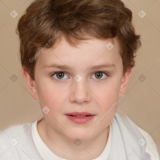 Joyful white child male with short  brown hair and brown eyes