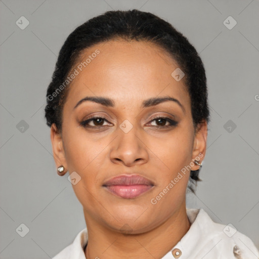 Joyful latino young-adult female with short  black hair and brown eyes