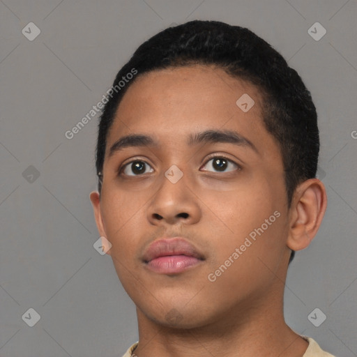 Neutral latino young-adult male with short  black hair and brown eyes