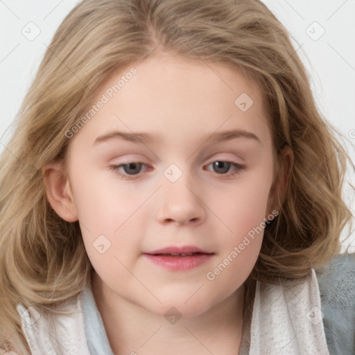 Neutral white child female with medium  brown hair and grey eyes