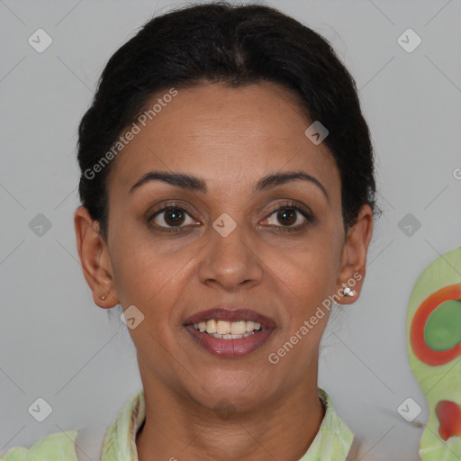 Joyful latino young-adult female with short  brown hair and brown eyes
