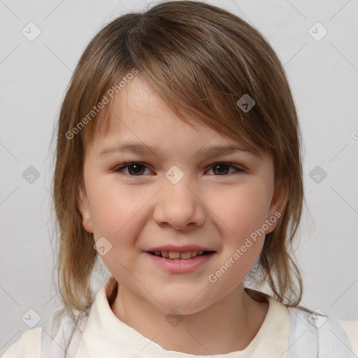 Joyful white child female with medium  brown hair and brown eyes