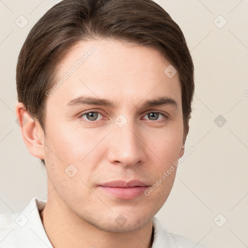 Neutral white young-adult male with short  brown hair and grey eyes