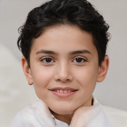 Joyful white child female with short  brown hair and brown eyes