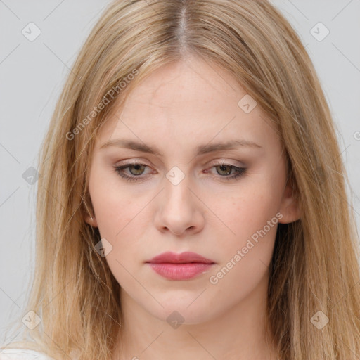 Neutral white young-adult female with long  brown hair and brown eyes