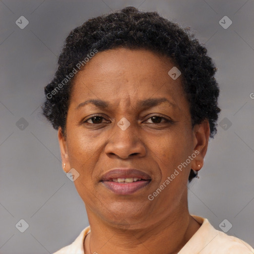 Joyful black adult female with short  brown hair and brown eyes