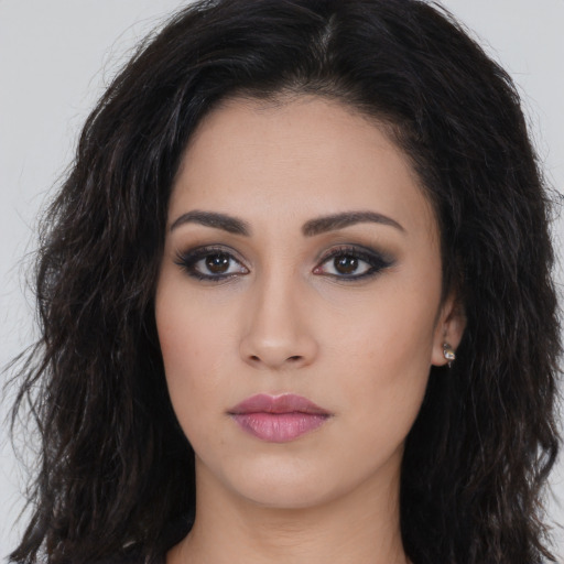 Neutral asian young-adult female with long  brown hair and brown eyes