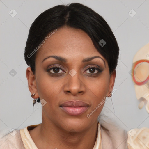 Joyful latino young-adult female with short  brown hair and brown eyes