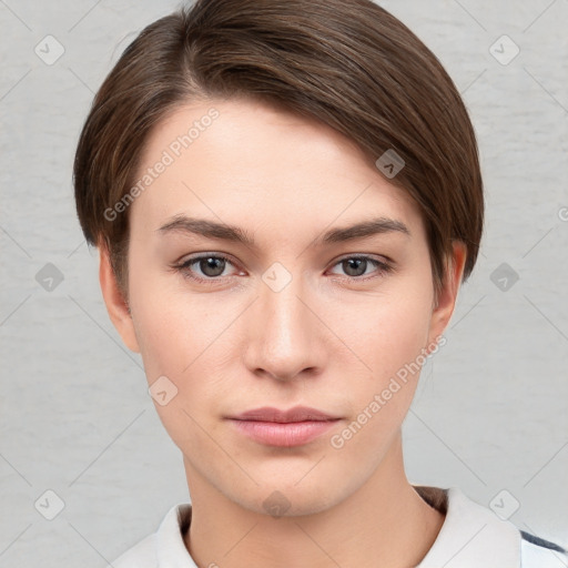 Neutral white young-adult female with short  brown hair and brown eyes