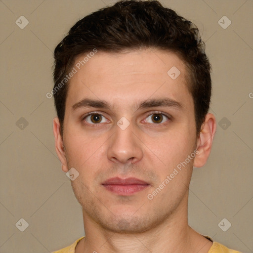 Neutral white young-adult male with short  brown hair and brown eyes