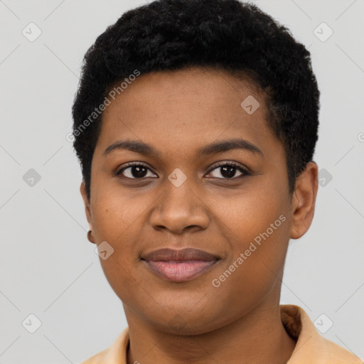 Joyful black young-adult female with short  brown hair and brown eyes