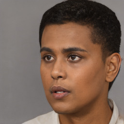 Neutral black young-adult male with short  black hair and brown eyes