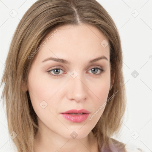 Neutral white young-adult female with medium  brown hair and grey eyes