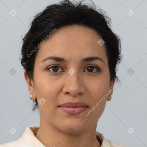 Joyful latino young-adult female with short  brown hair and brown eyes