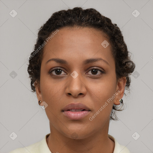 Neutral white young-adult female with short  brown hair and brown eyes