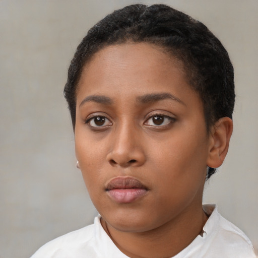 Neutral black young-adult female with short  black hair and brown eyes