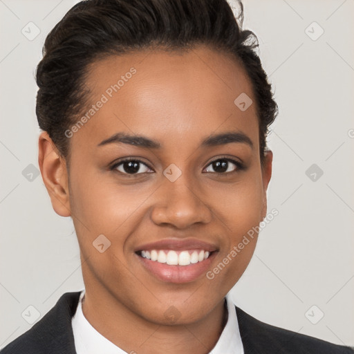 Joyful latino young-adult female with short  black hair and brown eyes