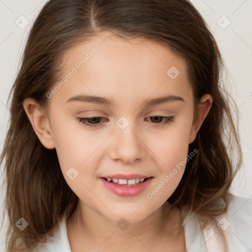 Joyful white child female with medium  brown hair and brown eyes