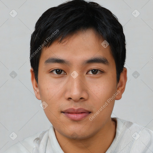 Neutral asian young-adult male with short  black hair and brown eyes