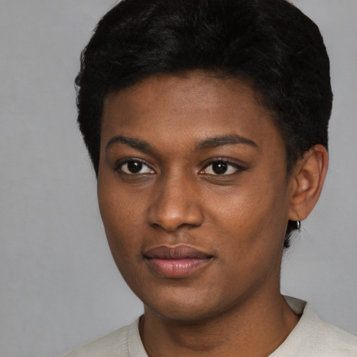 Neutral black young-adult female with short  black hair and brown eyes