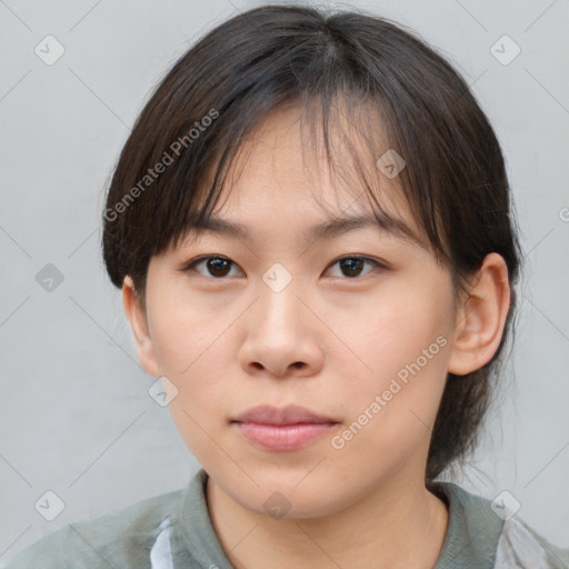 Neutral asian young-adult female with medium  brown hair and brown eyes